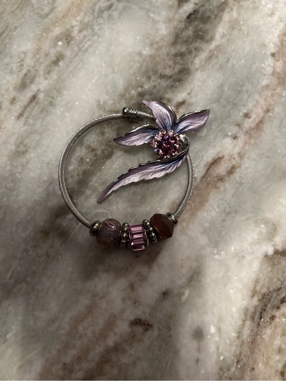 Silver Cable Bracelet with Pink Flower Accent